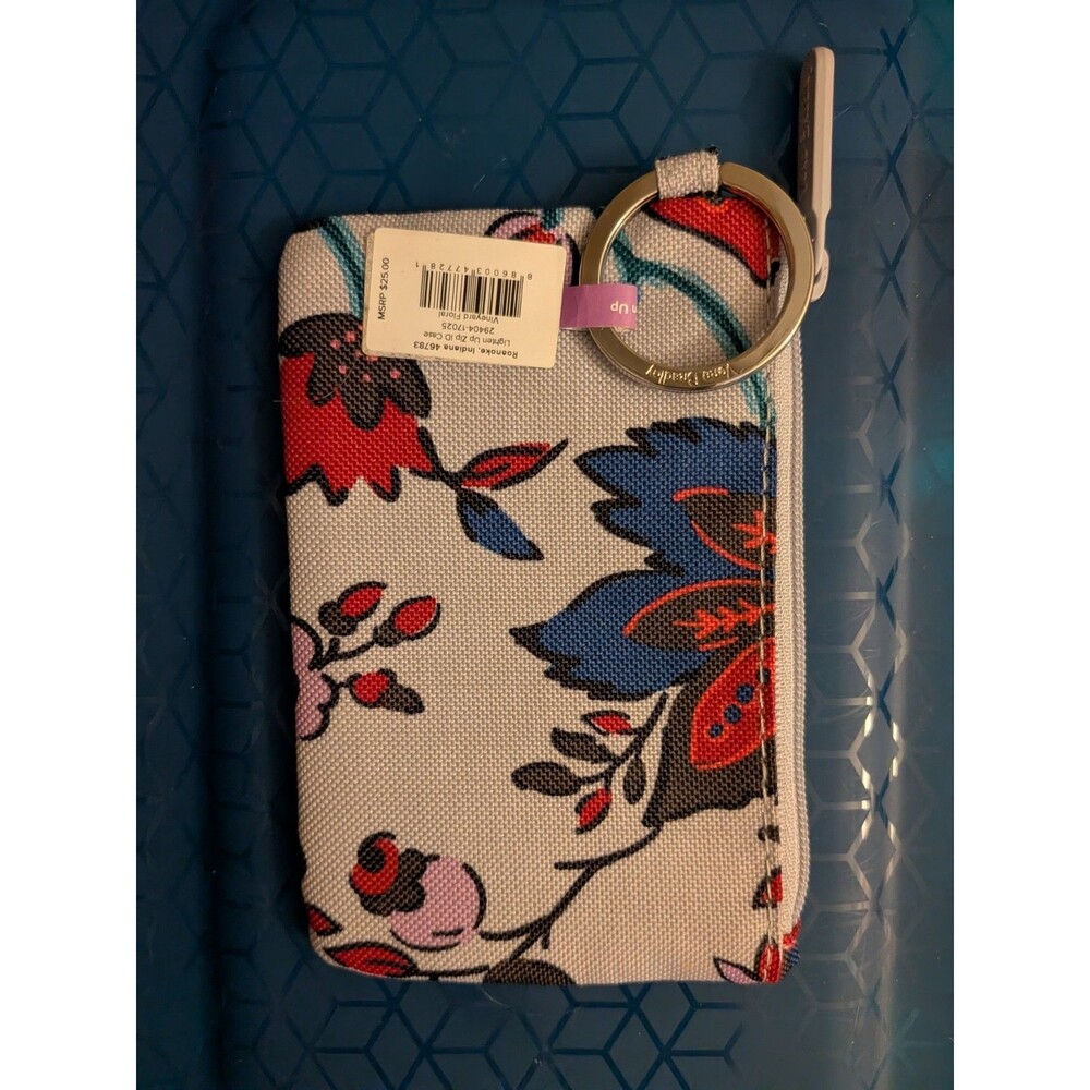 NWT Vera Bradley Vineyard Floral Zip ID Case Key Chain Ring Lighten Up - Picture 2 of 2
